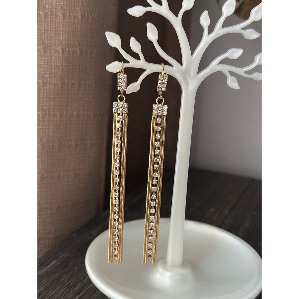 Laminated Gold 4" Rhinestone Tassel Drop Earrings